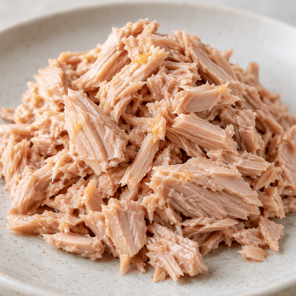 Moist, pale pink-beige tuna flakes sit in a loose mound, with a slight sheen and a few tiny yellow flecks.