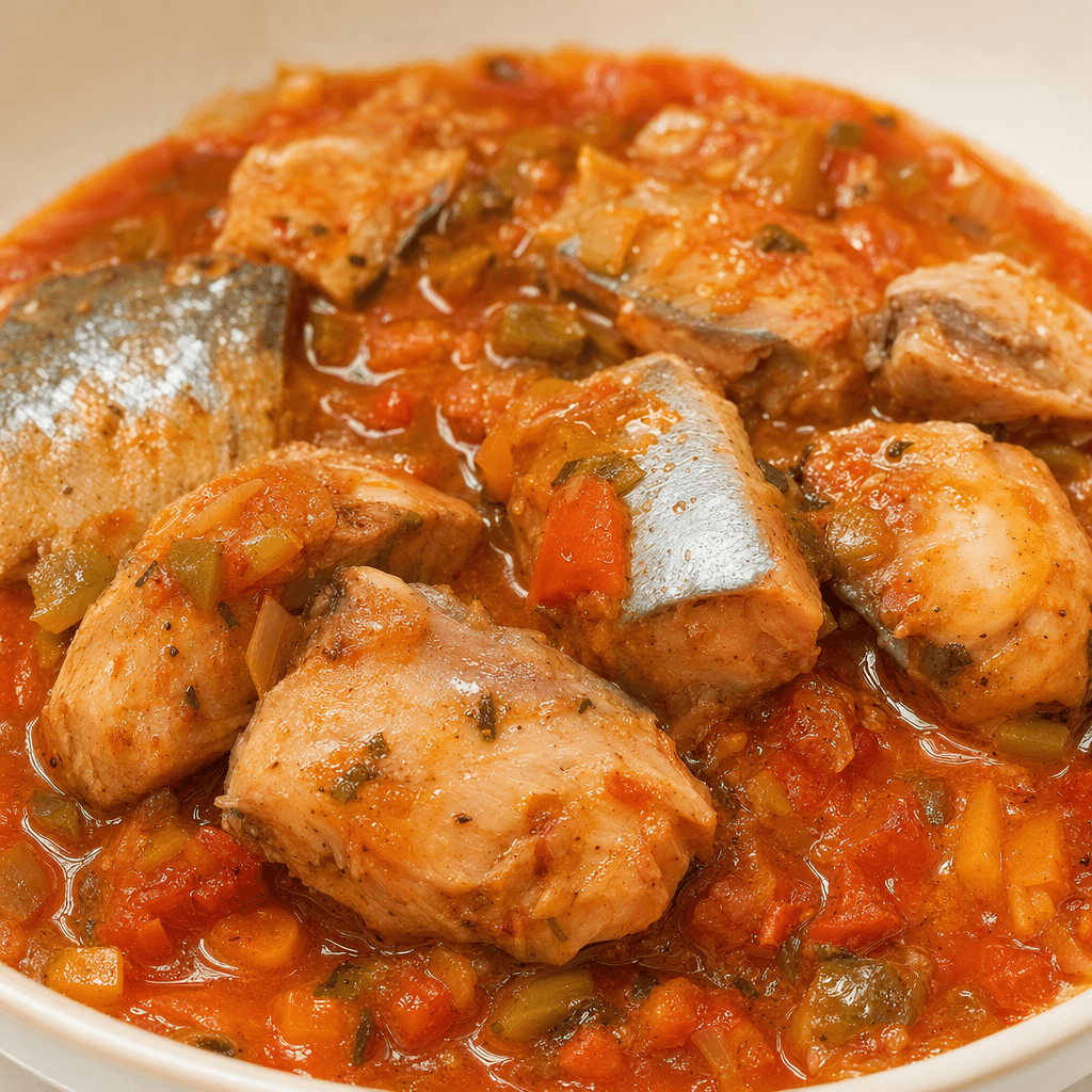 Thick, pale pink-brown mackerel pieces with patches of silvery skin sit in a glossy reddish-orange Mediterranean-style sauce, dotted with small vegetable and herb flecks.