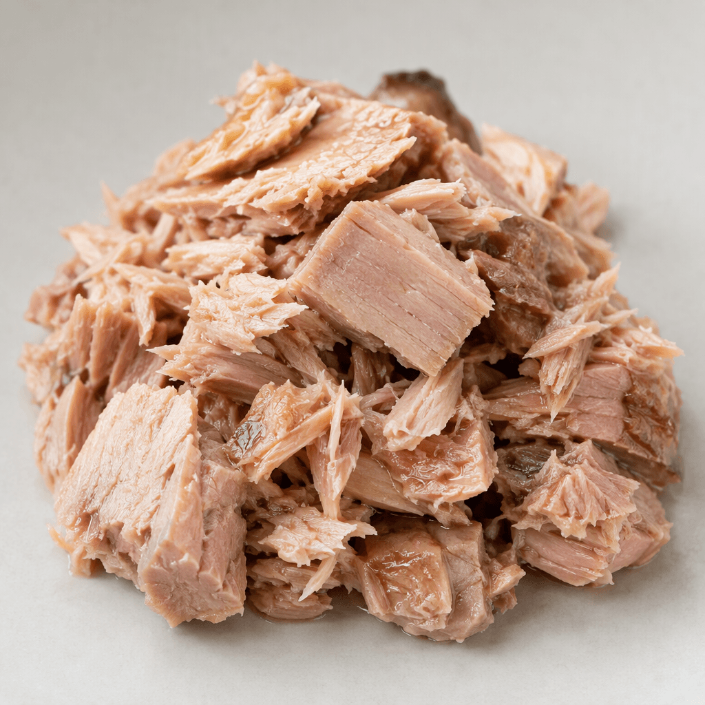 Pale pink-beige tuna flakes and small firm chunks sit in a loose mound, with a slight oily sheen and a few darker edges.