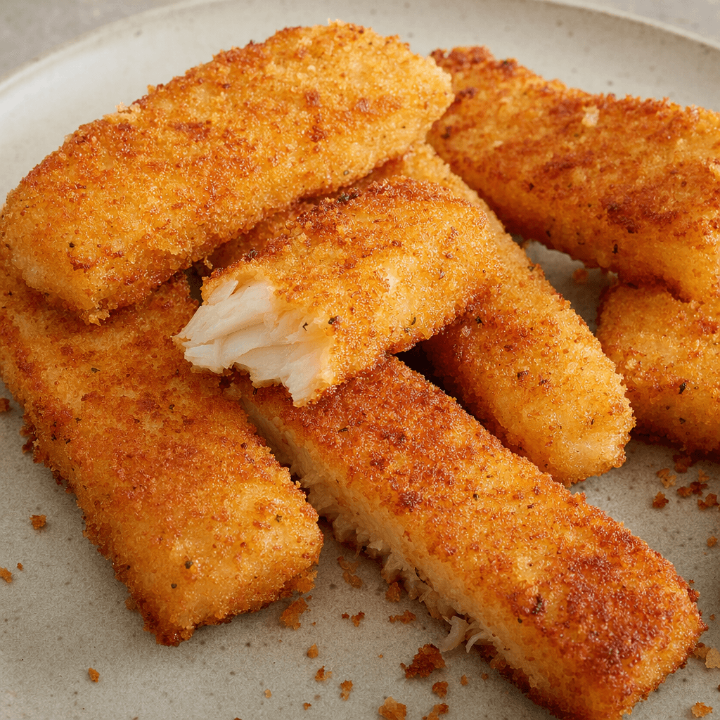 Several finger-length rectangular pieces of fish are covered in an even, coarse golden-brown breadcrumb crust, with a few crumbs scattered nearby.