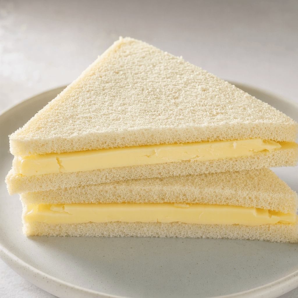 Two soft white-bread triangles are stacked with a thick layer of pale yellow cheese visible between them, showing smooth bread surfaces and a slightly uneven cheese edge.
