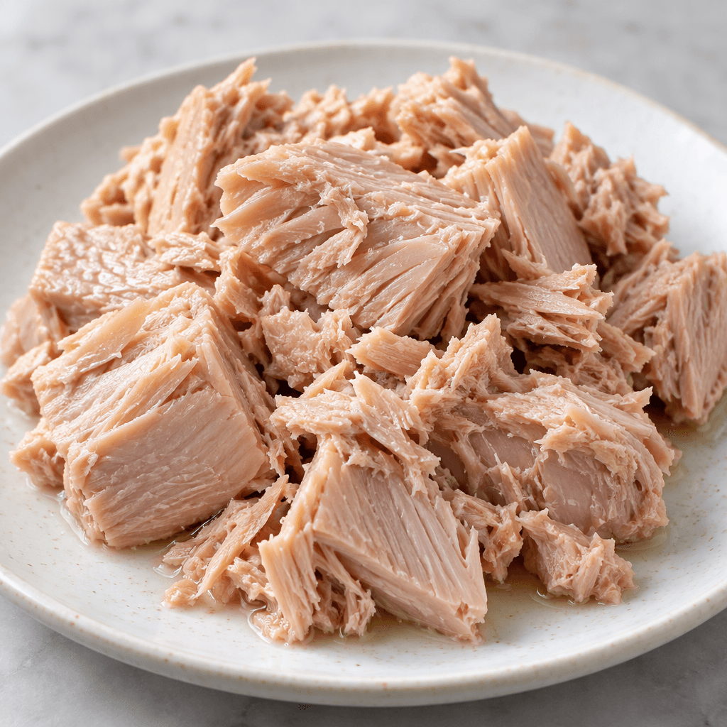 Large, irregular pieces of pale pinkish-beige tuna with visible flaky fibers and a slight moist sheen are loosely arranged on a plate.