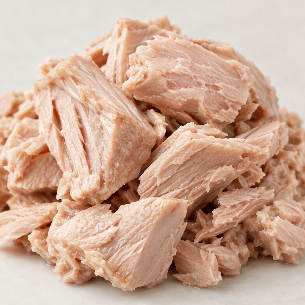 Large, moist chunks of tuna with a pale pink-beige colour and softly flaky texture are piled together.