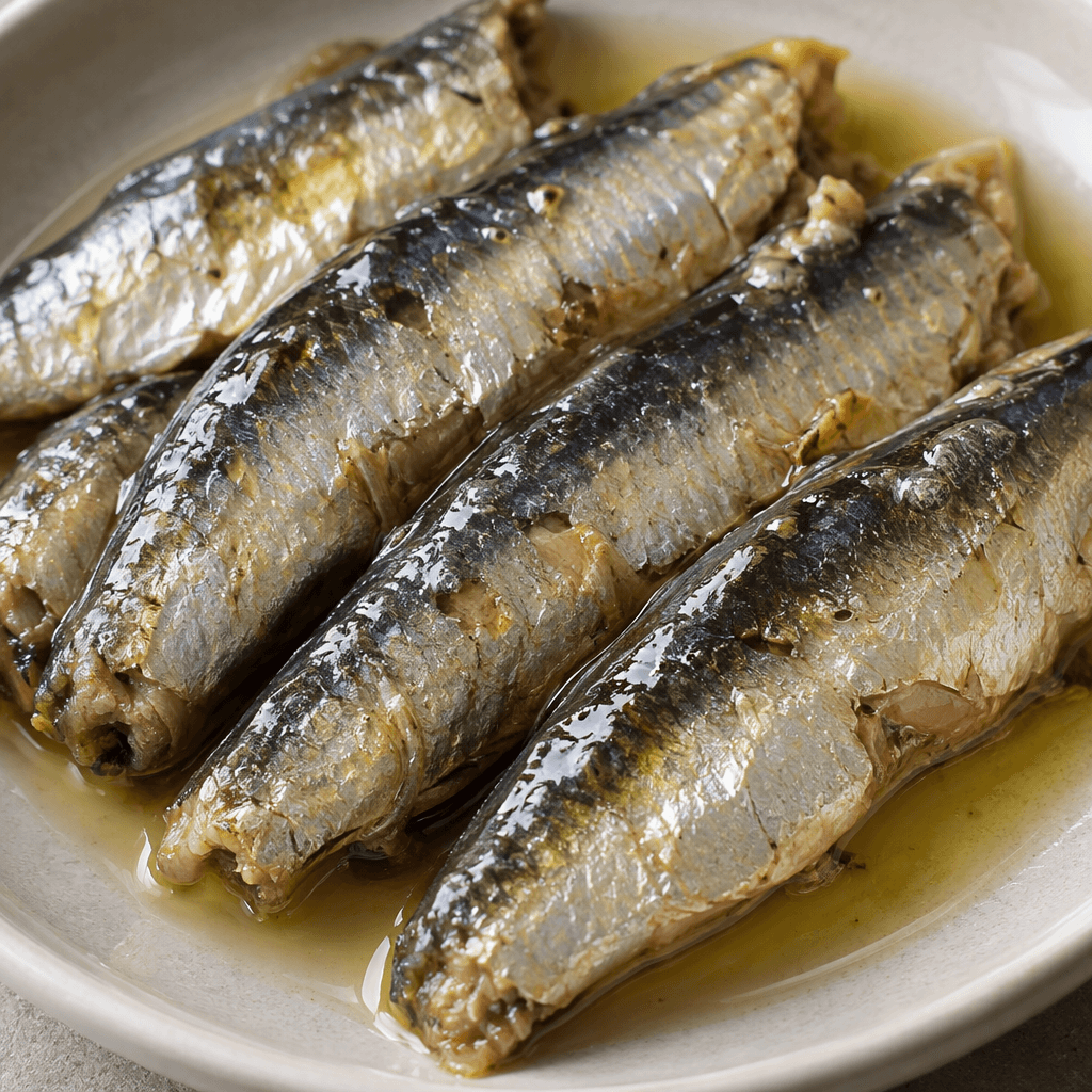 Several small, slender sardines with silvery skin and darker backs lie close together, lightly glistening with oil.
