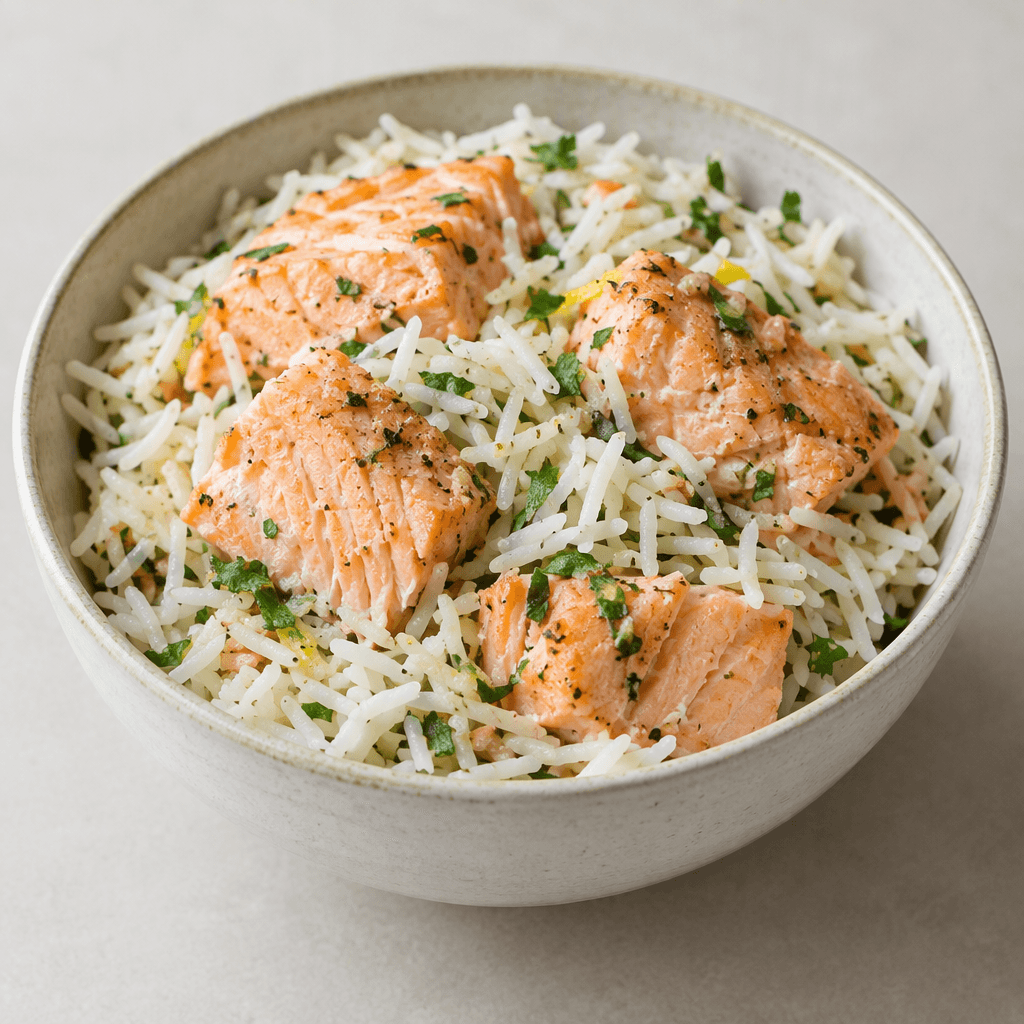 Long, slender grains of white basmati rice fill a bowl alongside chunks of pink-orange salmon, with the rice and fish clearly visible together.