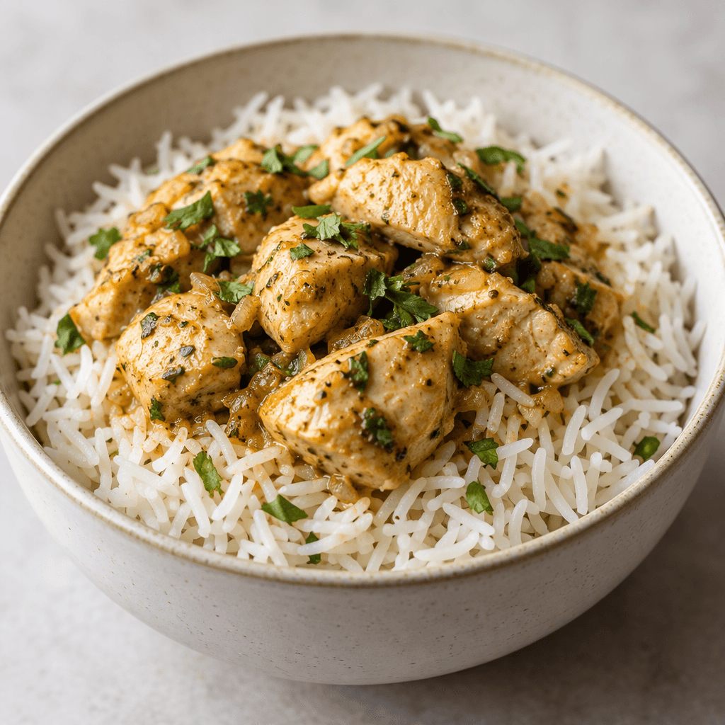 A bowl of fluffy, slender-grained white basmati rice topped with bite-sized pieces of pale golden chicken.