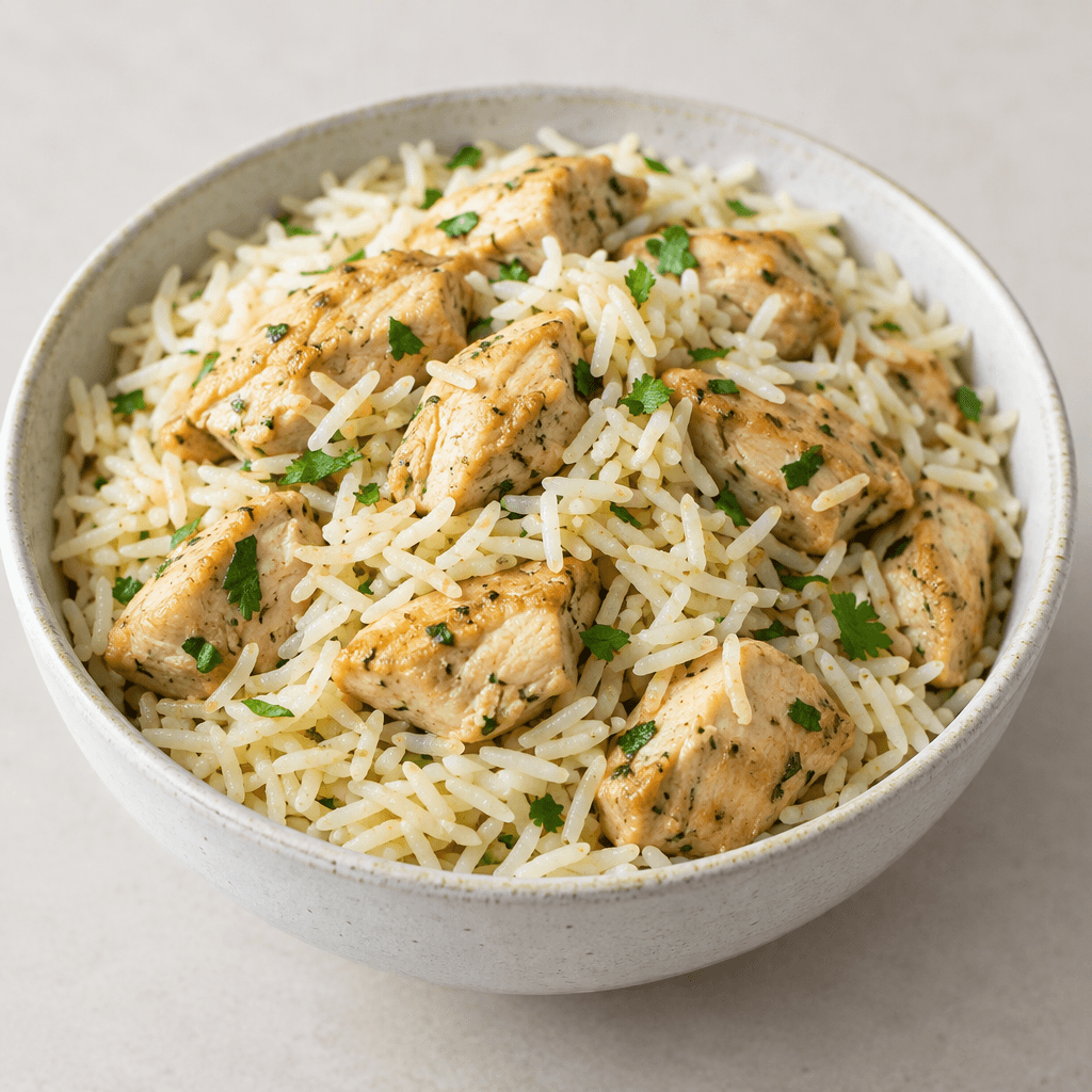 Long, slender grains of pale basmati rice fill a bowl, topped with bite-size pieces of light-brown chicken and a few small green herb flecks.
