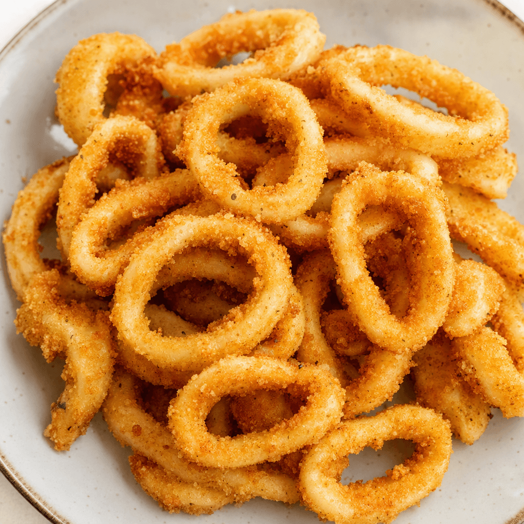 Golden, lightly crisp breaded calamari rings and curved pieces have an uneven, fine-crumb coating and are arranged together on a plate.