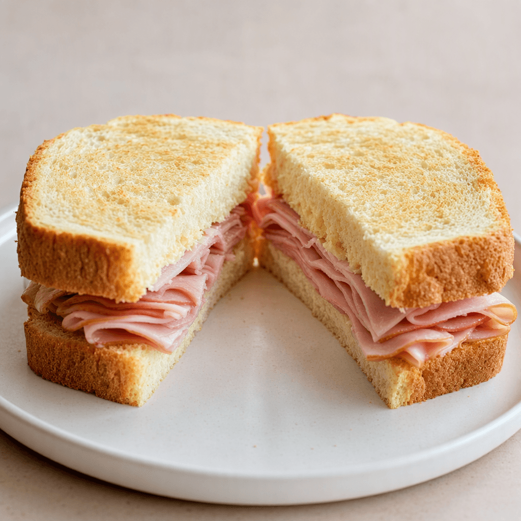 A sandwich of soft, lightly browned bread with folded pink smoked ham visible between the slices, cut in half and served on a plain plate.