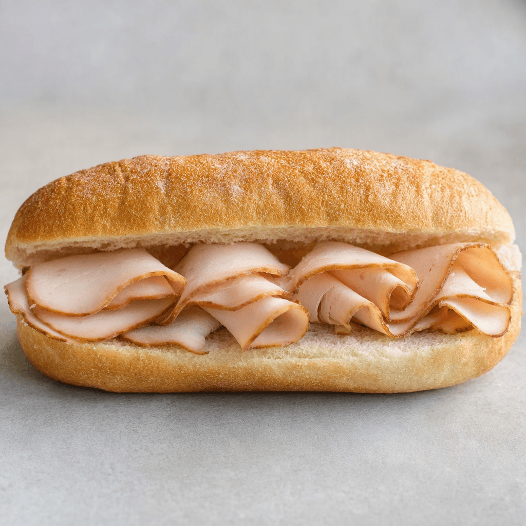 An elongated, lightly browned baton roll is split open to reveal folded slices of pinkish smoked turkey, with the bread’s soft, pale interior visible around the filling.