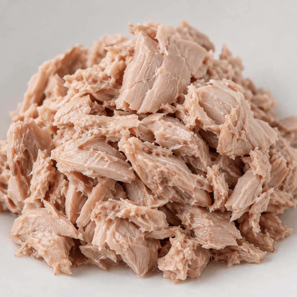 Moist, pale pink-beige tuna appears in small irregular flakes and chunks, loosely piled with a slight sheen.