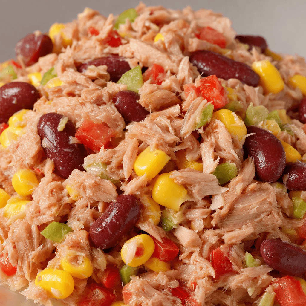 Flaked pale pink tuna is mixed with bright yellow corn kernels, red beans and small pieces of red and green vegetables, forming a moist, chunky mixture.