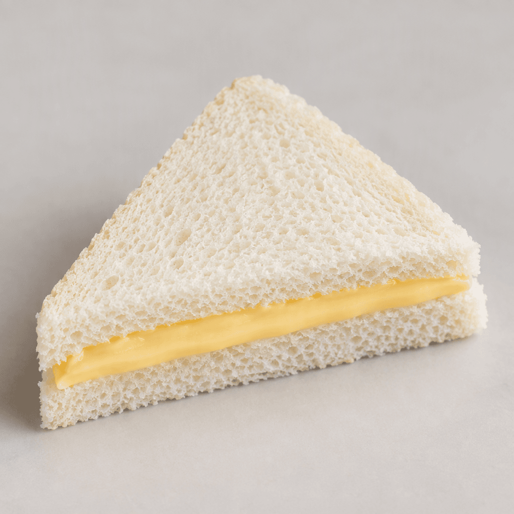 A small triangular sandwich made with soft white bread, its cut sides showing a smooth, pale-yellow processed cheese filling.