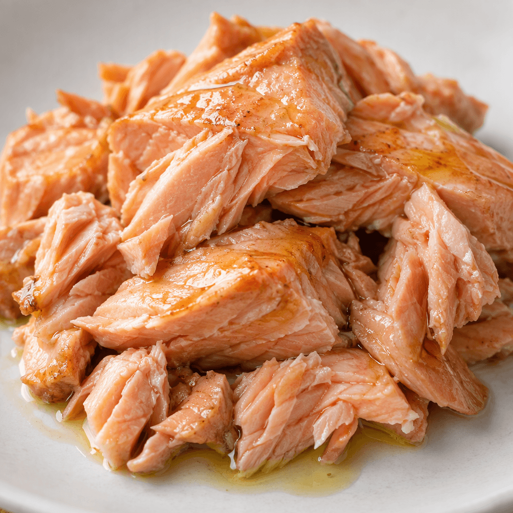 Pink salmon pieces with a soft, flaky texture glisten with a thin coating of golden olive oil.