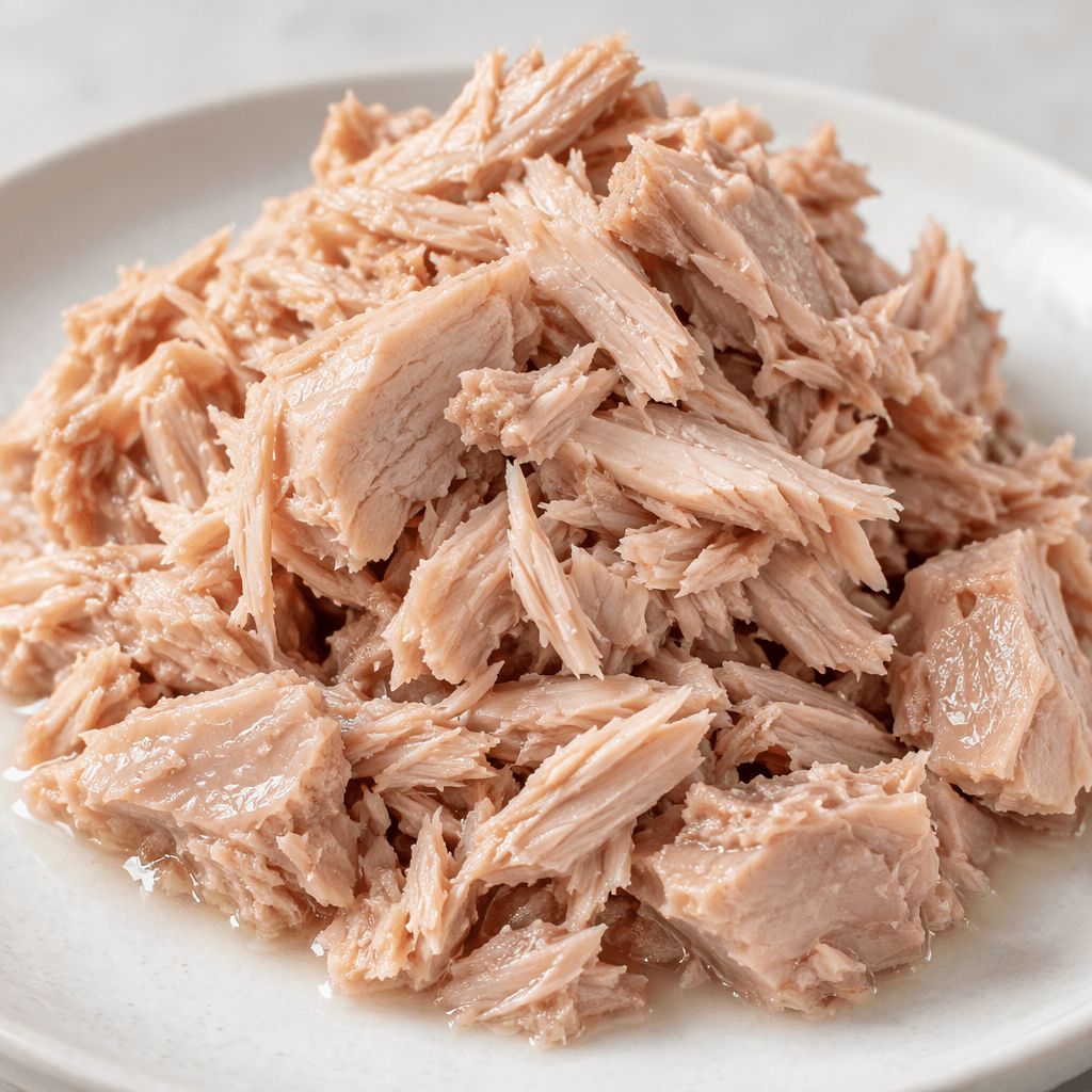 Pale pink-beige tuna flakes and small chunks sit in a loose, moist pile, with fine layered fibers visible.