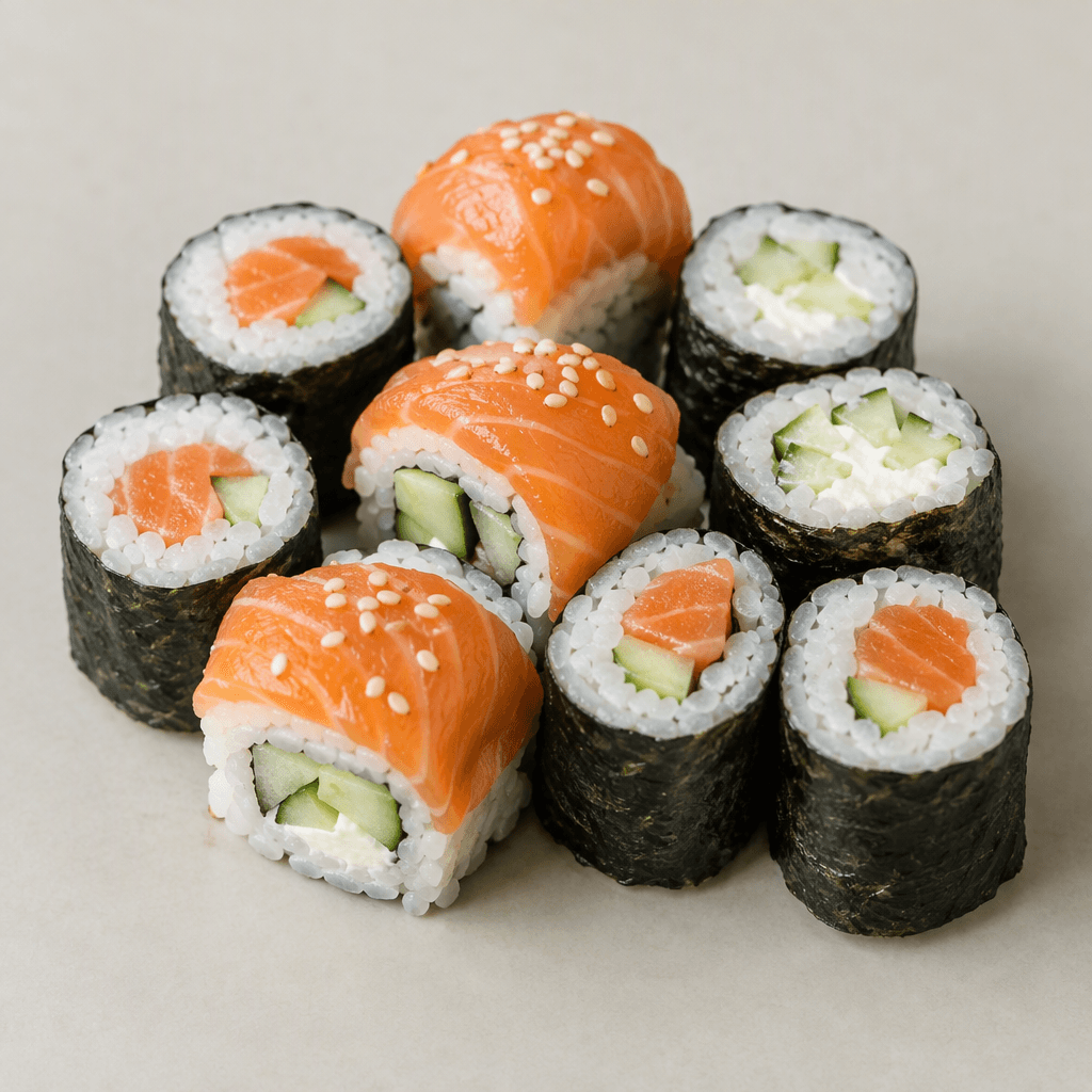 Düzenli biçimde sıralanmış küçük sushi parçalarında koyu yeşil-siyah deniz yosununa sarılı beyaz pirinç ruloları, üzerlerinde ya da içlerinde turuncu-pembe balık ve açık renkli dolgu şeritleri görülüyor.