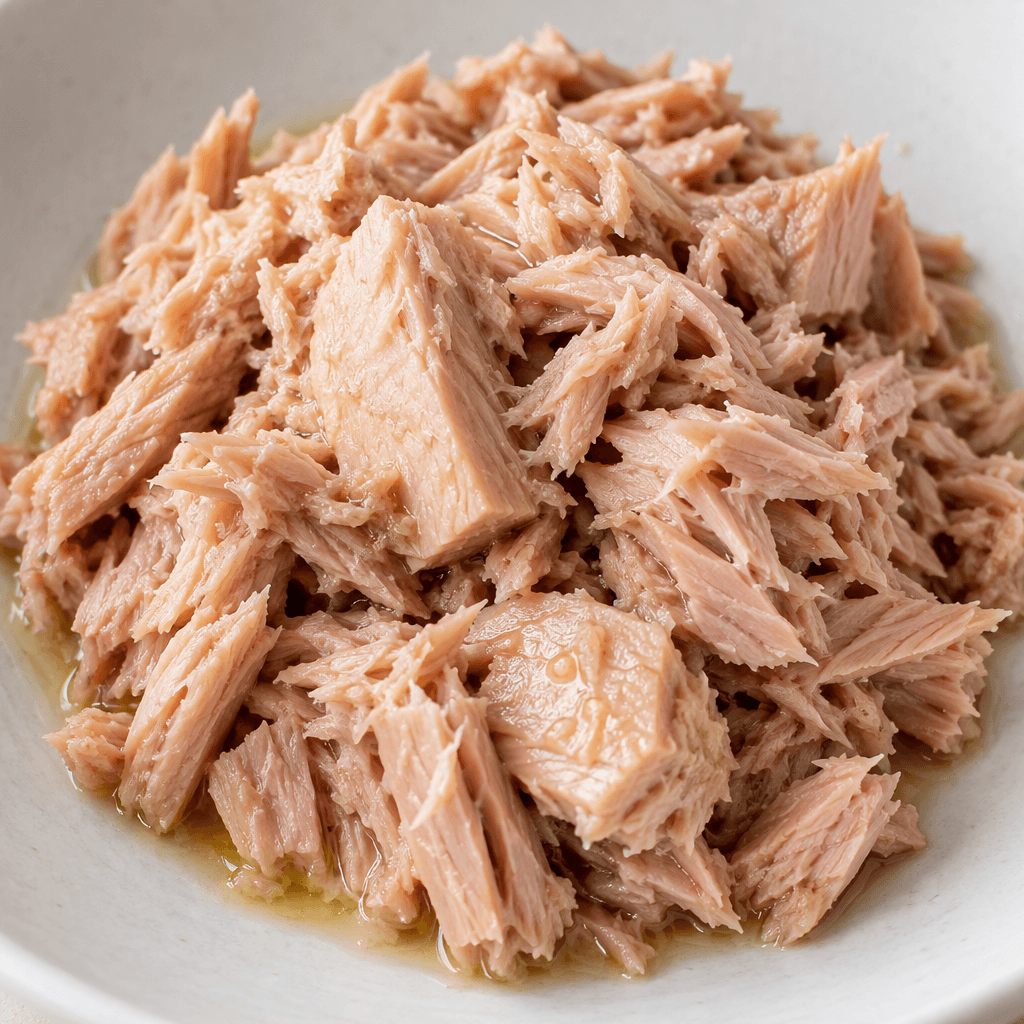 Pale pink-beige tuna in moist, irregular flakes and small chunks, with a light sheen of olive oil.