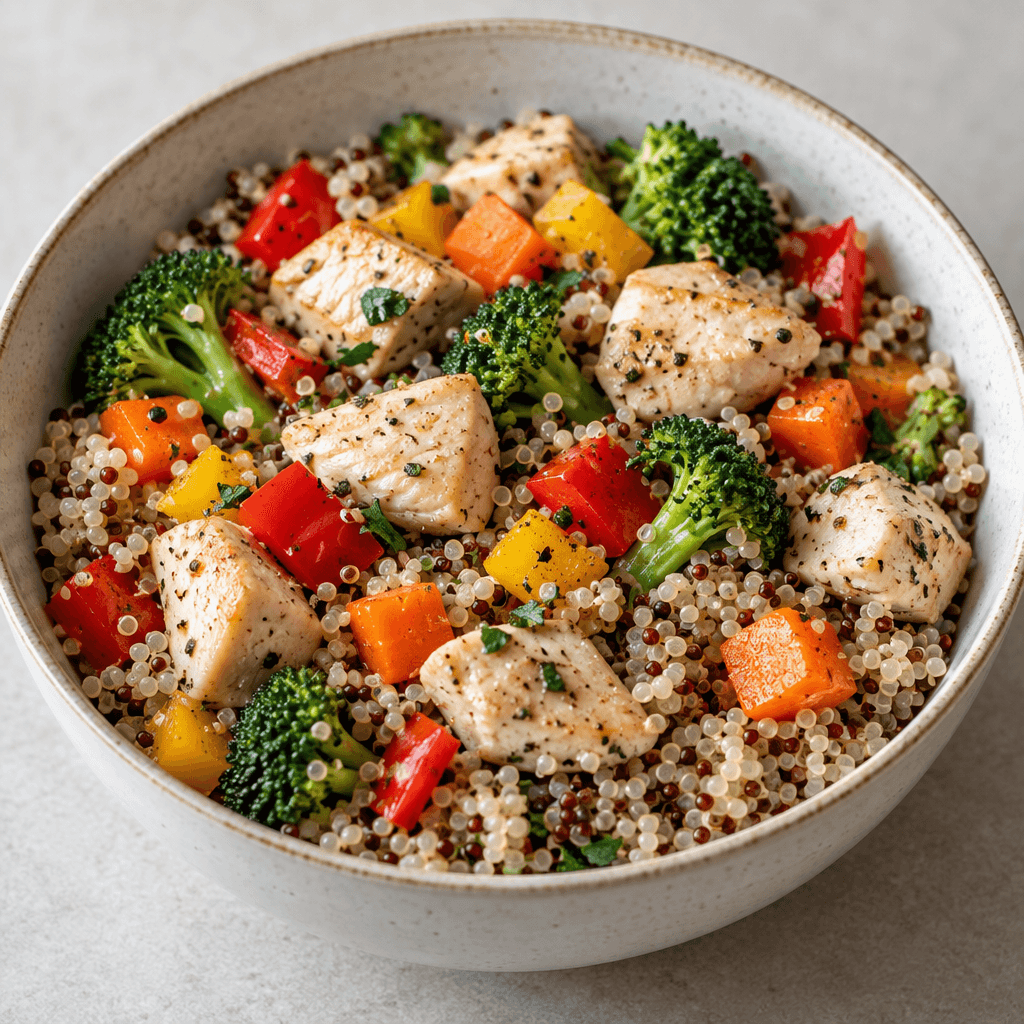 A bowl of bite-sized pale chicken pieces mixed with grains and small colourful vegetable pieces, with the ingredients visible separately across the surface.