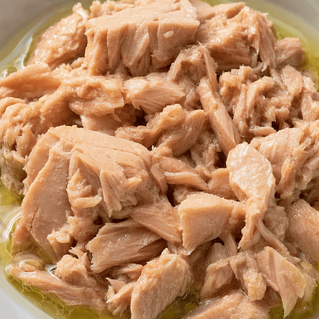 Pale beige-pink tuna pieces with distinct flaky edges sit in a pool of clear, lightly golden-green oil, their surfaces glossy and moist.