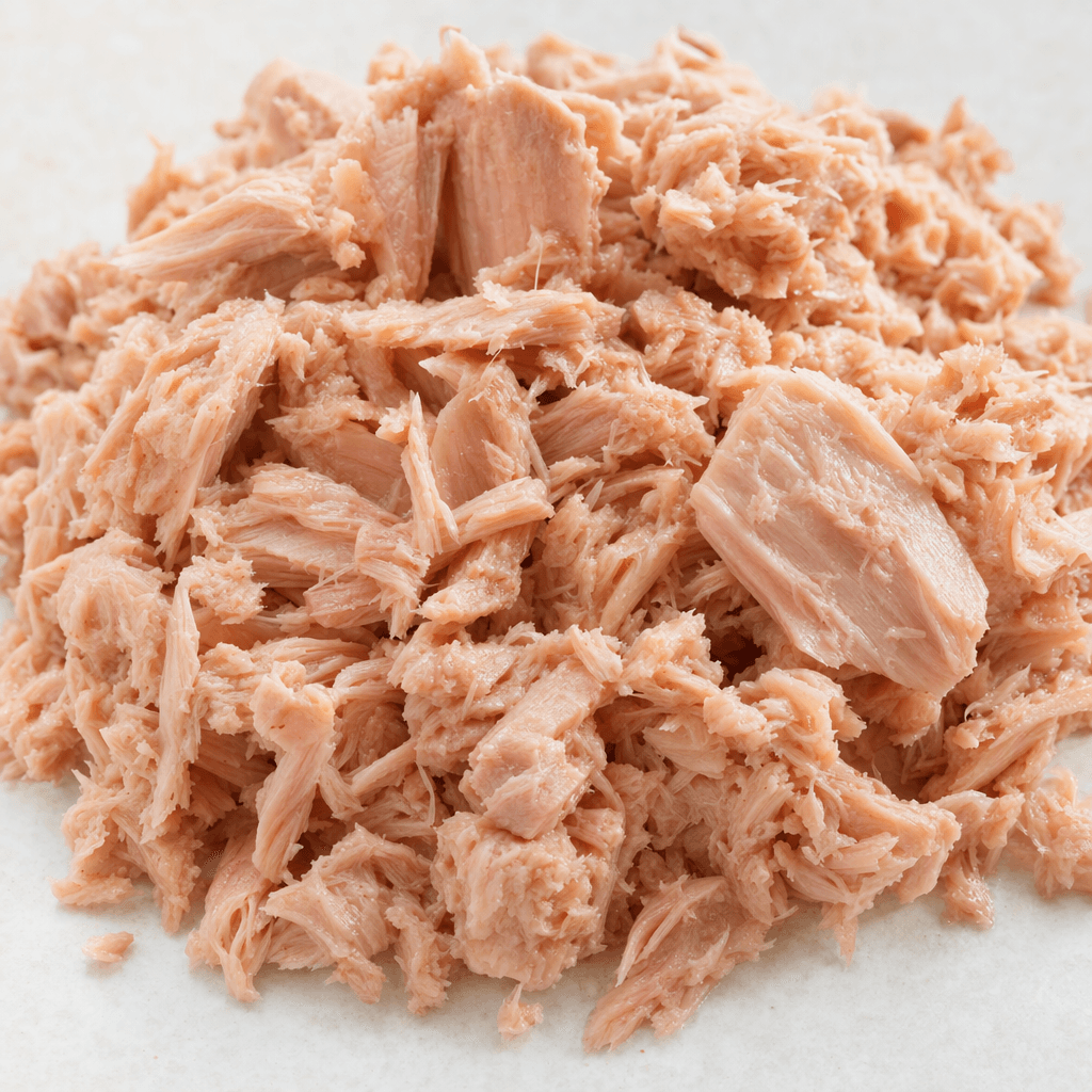 A loose mound of drained tuna flakes and small uneven chunks, pale beige to muted pink with a moist, fibrous texture and a slight sheen.