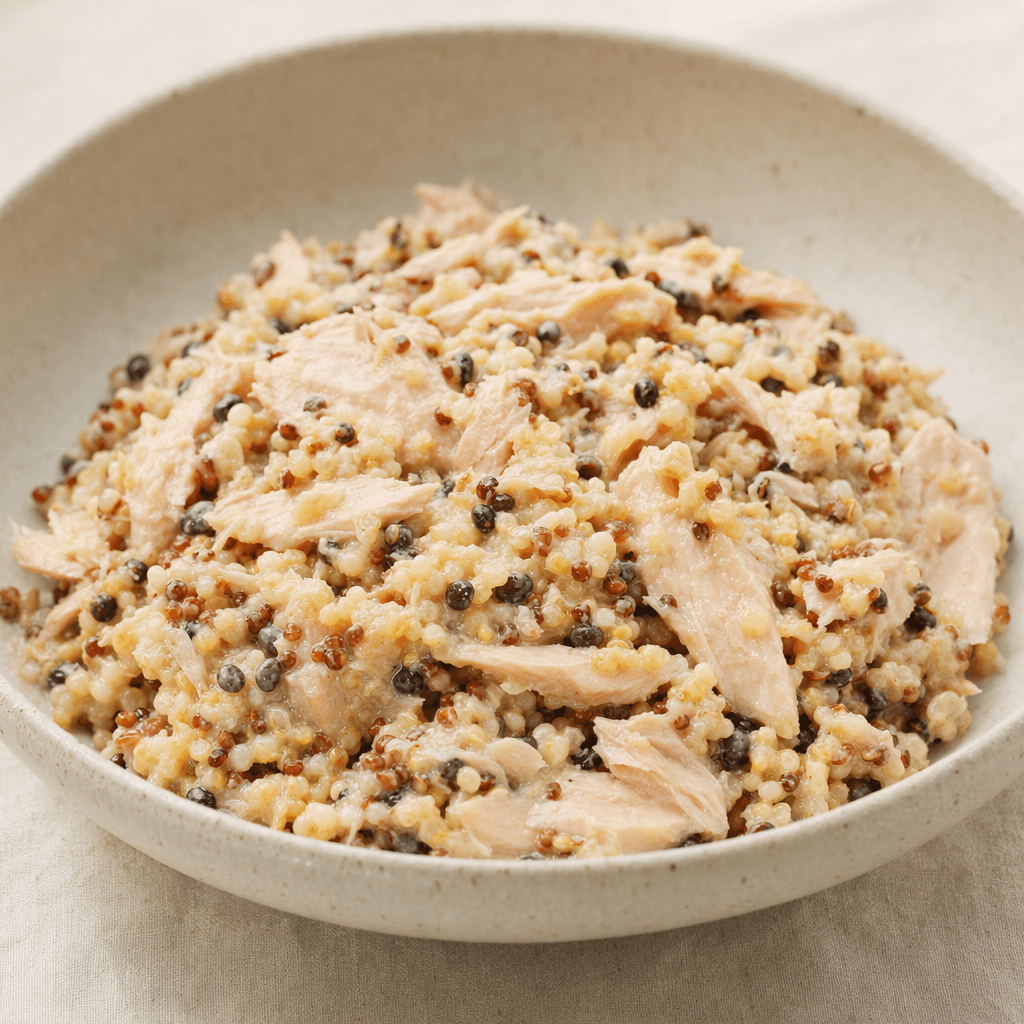 Pale pink tuna flakes are mixed with four kinds of small grains in cream, golden-brown, and darker tones, forming a moist, textured mixture served in a shallow bowl.
