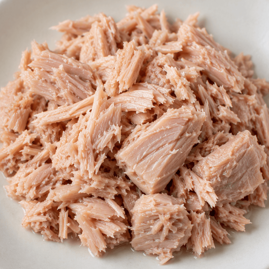Moist, pale pink-beige tuna flakes and small irregular chunks sit together, with a slight sheen and soft, fibrous edges.