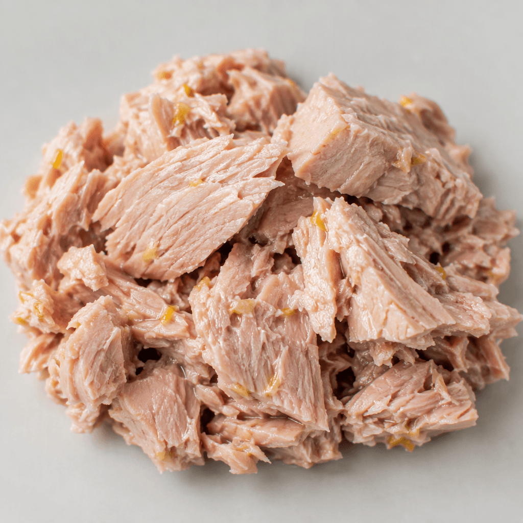 Pale pink-beige tuna flakes and small chunks sit loosely together, with a slight sheen and a few tiny yellow flecks.