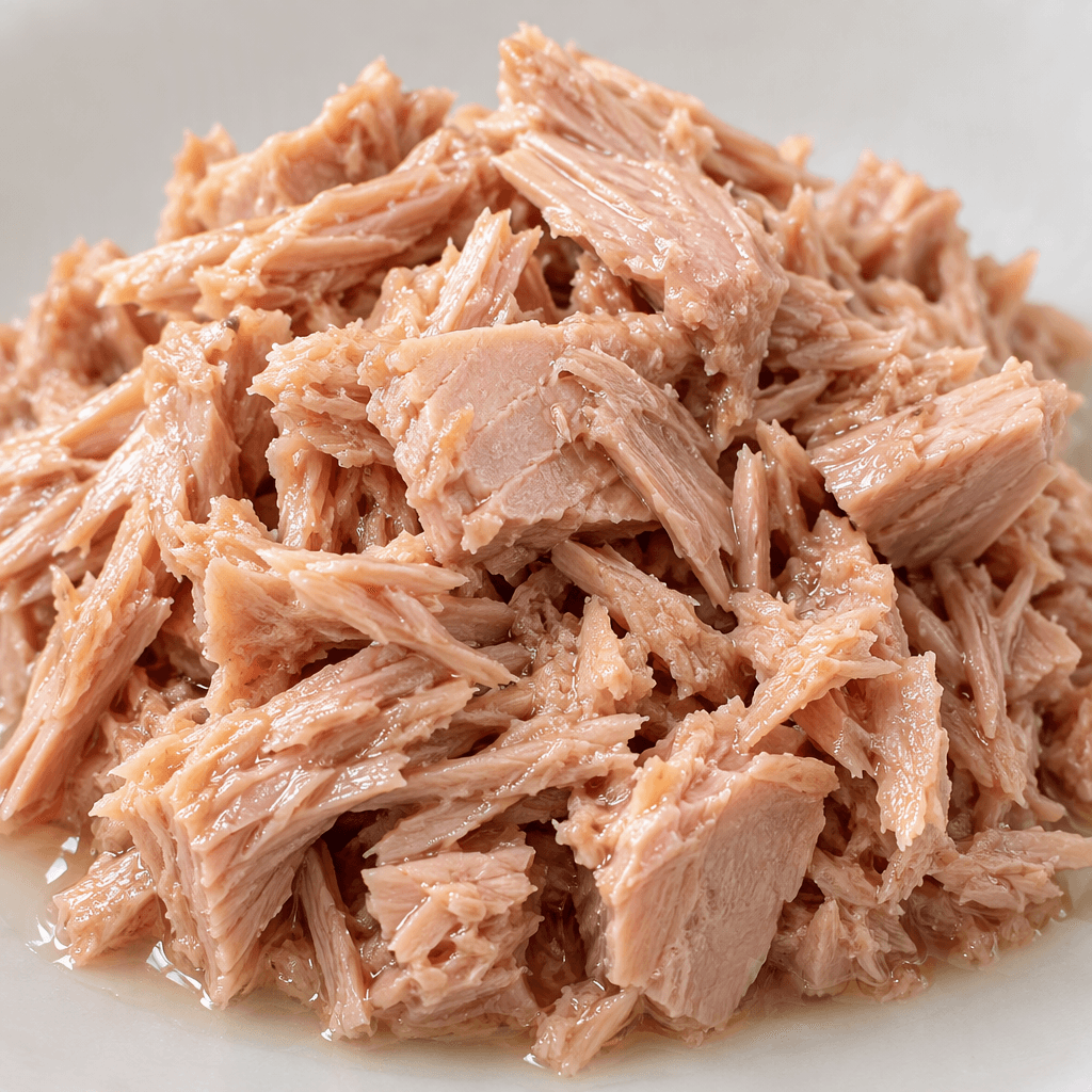 Pale pink tuna flakes and small chunks glisten with oil, loosely piled with uneven edges and a moist, fibrous texture.