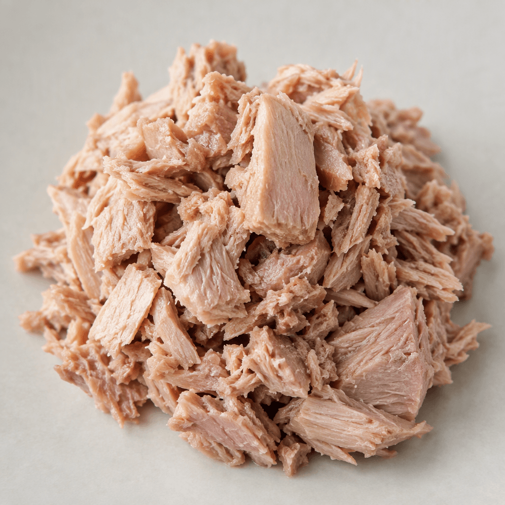 A loose mound of pale pink-beige tuna flakes and small uneven chunks, with a moist, fibrous texture and little visible oil.