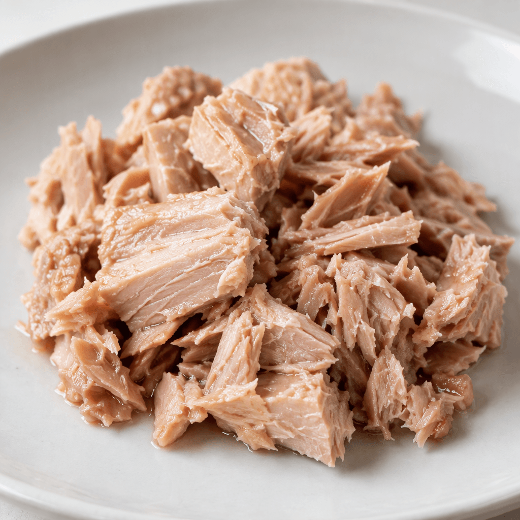 Flaky, irregular chunks of light pink-beige tuna with visible strands and a faint oily sheen, loosely piled on a plate.