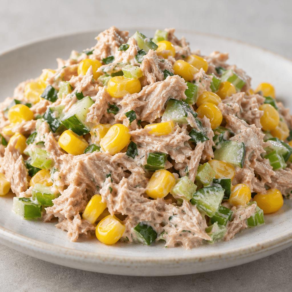 A mound of pale pink-beige tuna flakes mixed with bright yellow corn and small green vegetable pieces, lightly coated in dressing and served on a plate.