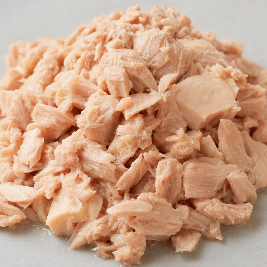 A loose pile of moist, pale pink-beige tuna flakes and small chunks, with uneven fibrous edges and a few lighter cream-colored pieces.