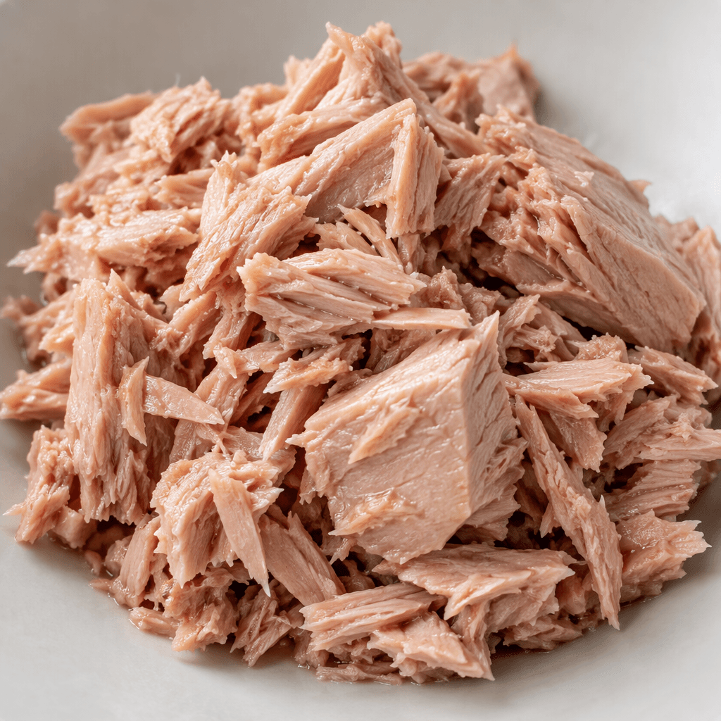 Moist, pale pink tuna appears in compact, irregular flakes with a slight sheen and a few larger pieces.