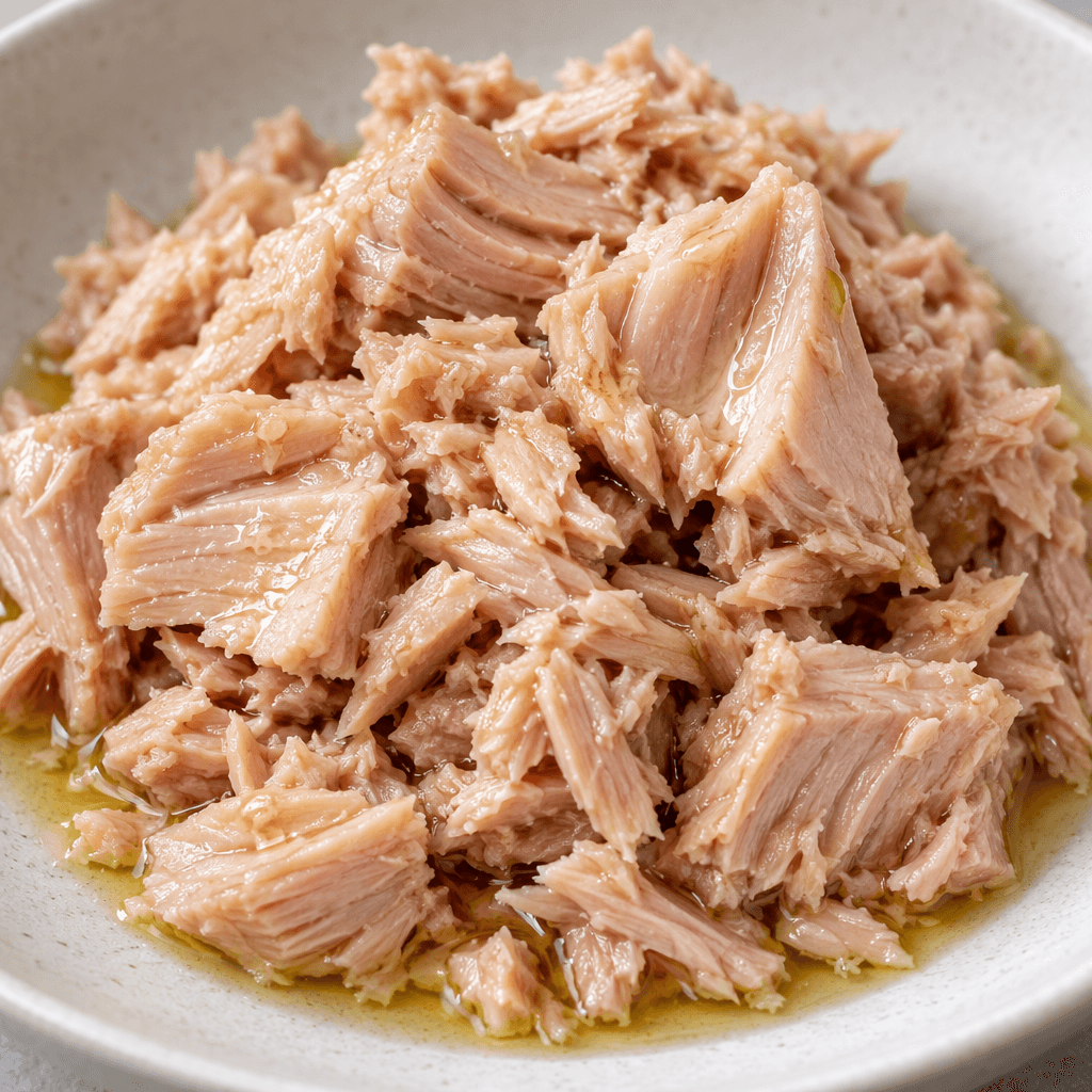 Moist, pale pink-beige tuna flakes and small chunks glisten with a light golden coating of olive oil.