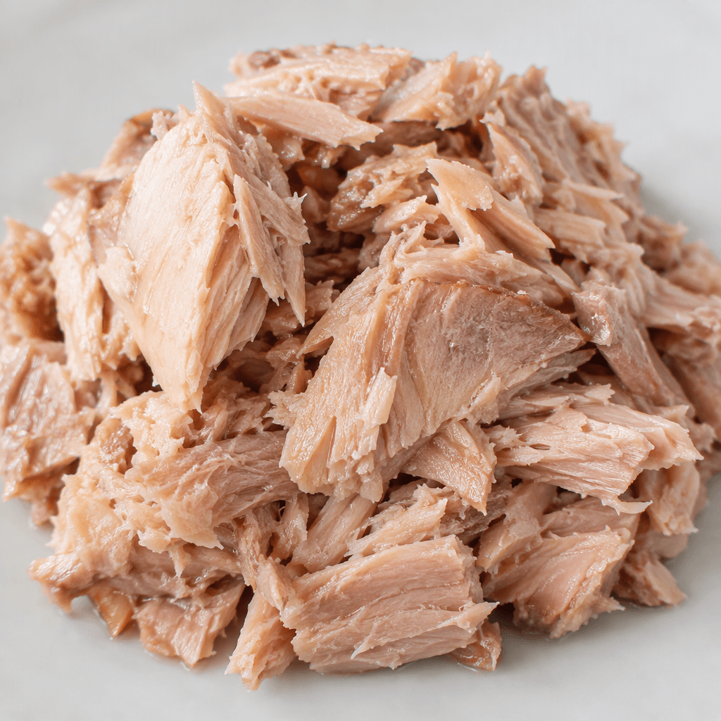 Moist, pale pink-beige tuna appears in loosely packed flakes and small fibrous chunks, with a slight sheen and a few darker edges.