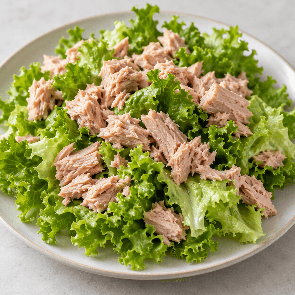 Flaked pale pink tuna is scattered over bright green, ruffled curly lettuce leaves, with the salad loosely piled on a plate.