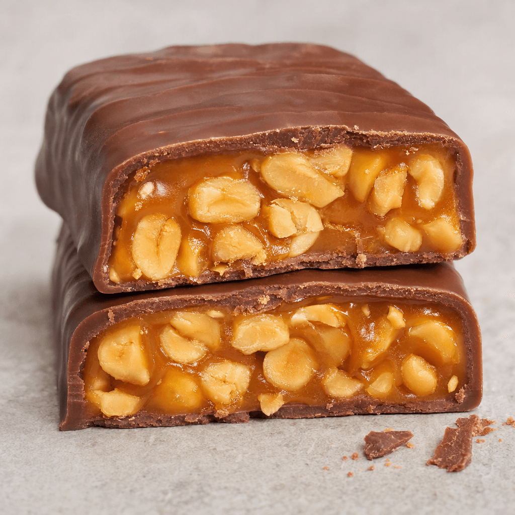 A dark-brown chocolate-coated rectangular bar, shown whole and cut to reveal glossy amber caramel packed with pale golden peanuts, with a few crumbs beside it.