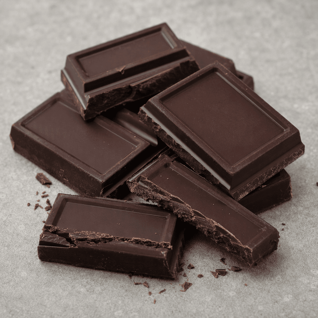 Several rectangular bars and broken pieces of dark chocolate with a deep brown, almost black surface, clean sharp edges, shallow geometric grooves, and a smooth matte sheen are arranged on a plain surface, with a few fine crumbs nearby.