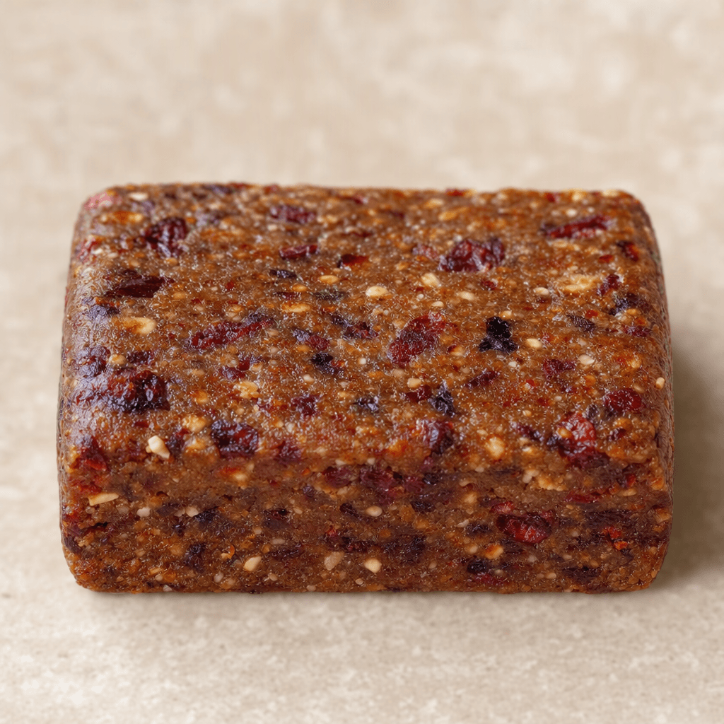 A compact rectangular bar with a dense, slightly rough brown surface dotted with small dark red and purple fruit pieces.