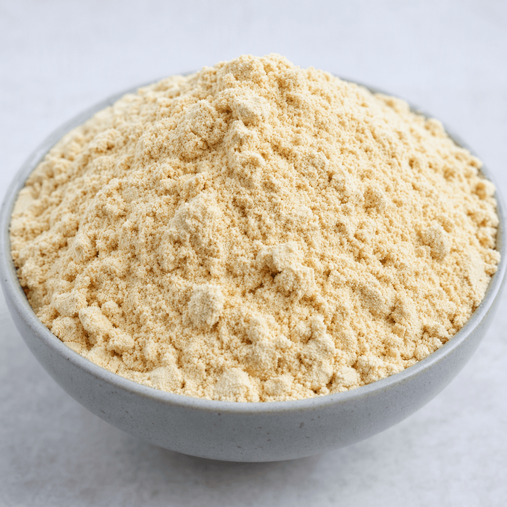 Küçük bir kâsede, ince ve kuru dokulu, hafif taneli açık bej renkli protein tozu yığını duruyor.