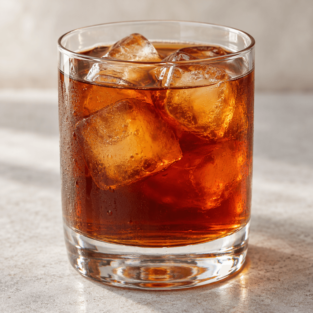 A translucent deep amber-brown drink is served in a clear glass, with subtle reddish tones and a few ice cubes visible.