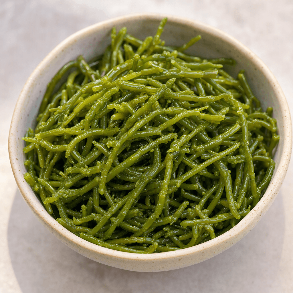 Slender, branching green samphire stems with a glossy, slightly translucent pickled surface are piled in a small serving dish.