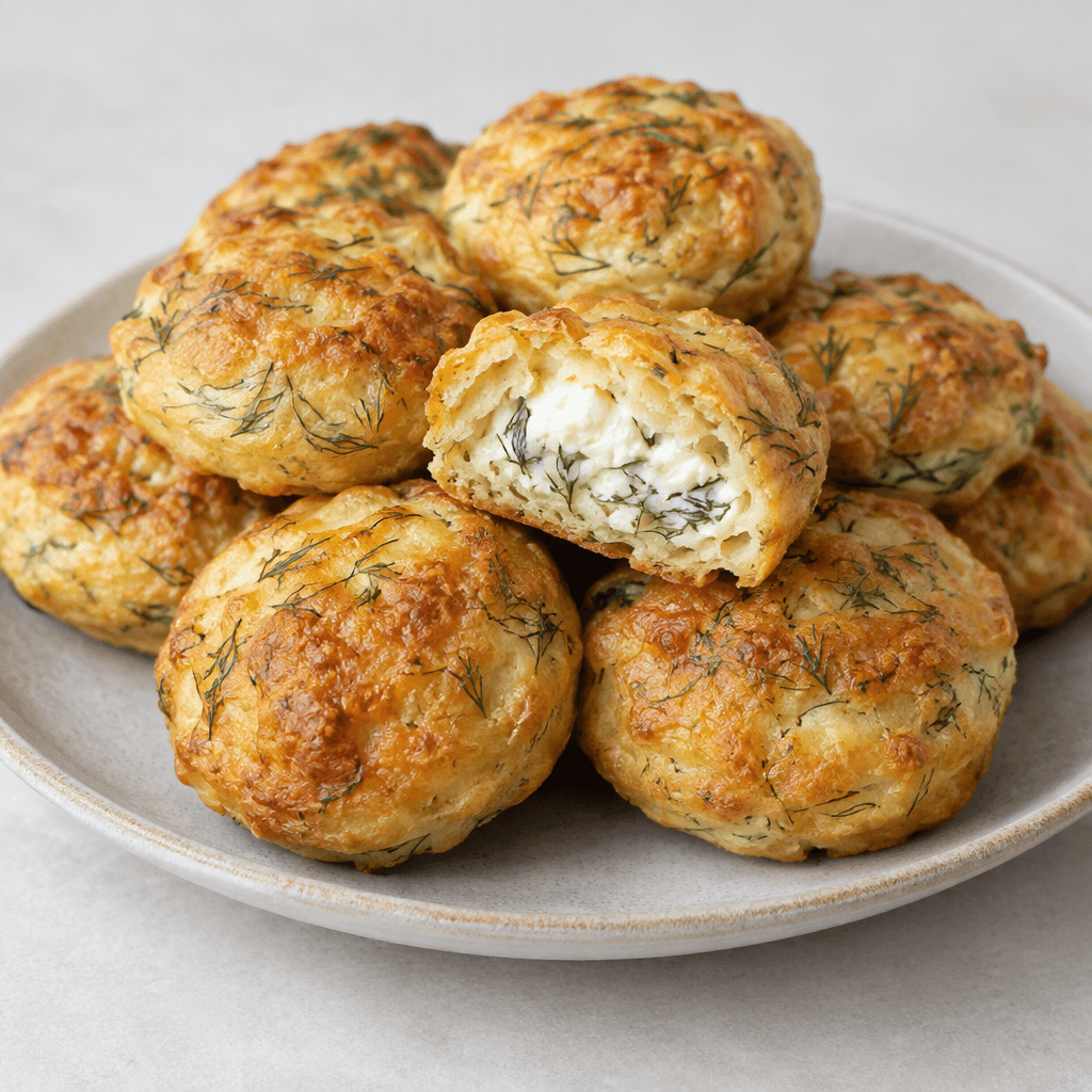 Small, round golden-brown savoury pastries are arranged on a plate, with green dill flecks visible across the slightly crisp surface and a soft pale cheese filling exposed in one cut-open piece.
