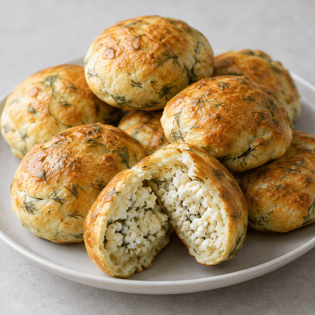 Small, rounded savory pastries with lightly domed golden-brown surfaces speckled with green dill, arranged on a plate, with one opened to reveal a pale, crumbly cheese filling and a tender light interior.