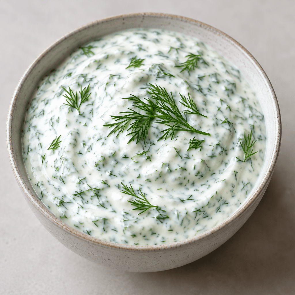 A bowl of thick, smooth white yogurt mixed with finely chopped bright green dill, with small dill flecks visible throughout and a few sprigs scattered on top.