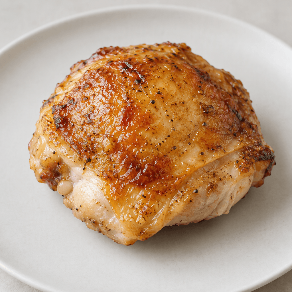 A roasted chicken thigh with its skin intact, irregularly rounded and plump, with glossy golden-brown, lightly blistered skin over pale beige meat, served on a plain plate.