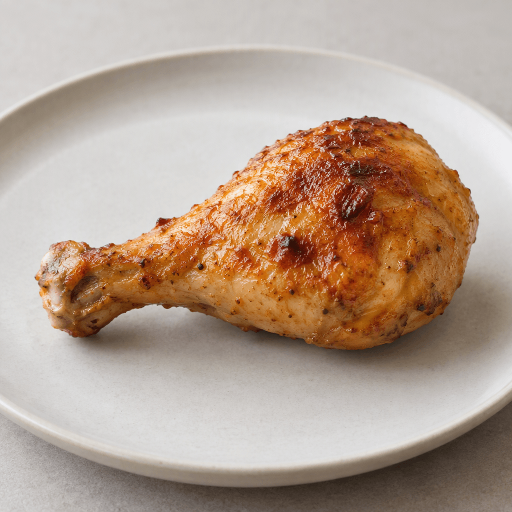 A skinless chicken drumstick with a narrow bone end and plump rounded meat, its surface golden-brown with darker roasted patches and a lightly uneven texture, served on a plate.