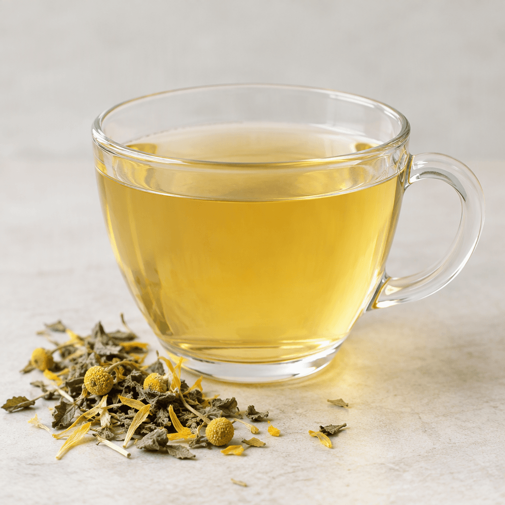 A clear, pale golden herbal infusion sits in a transparent cup, with a few small dried leaves and yellow flower fragments visible beside it.
