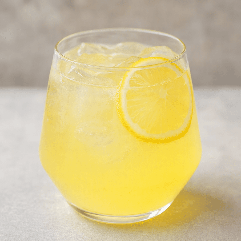 A translucent, bright yellow drink with a slightly cloudy appearance is served in a clear glass, with a thin lemon slice visible near the rim.