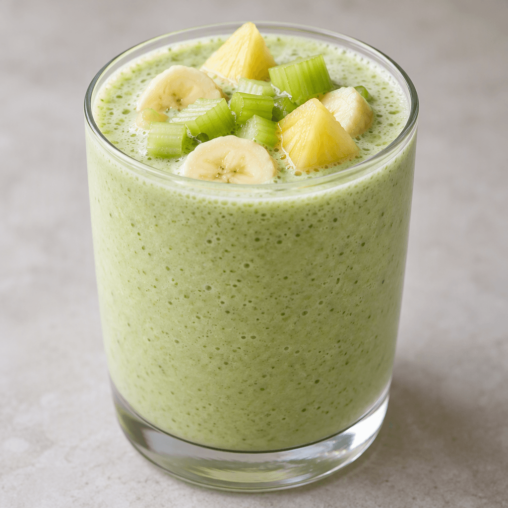 A pale green, creamy kefir drink with a smooth, lightly frothy surface, served in a clear glass and topped with small pieces of celery, banana, and pineapple.